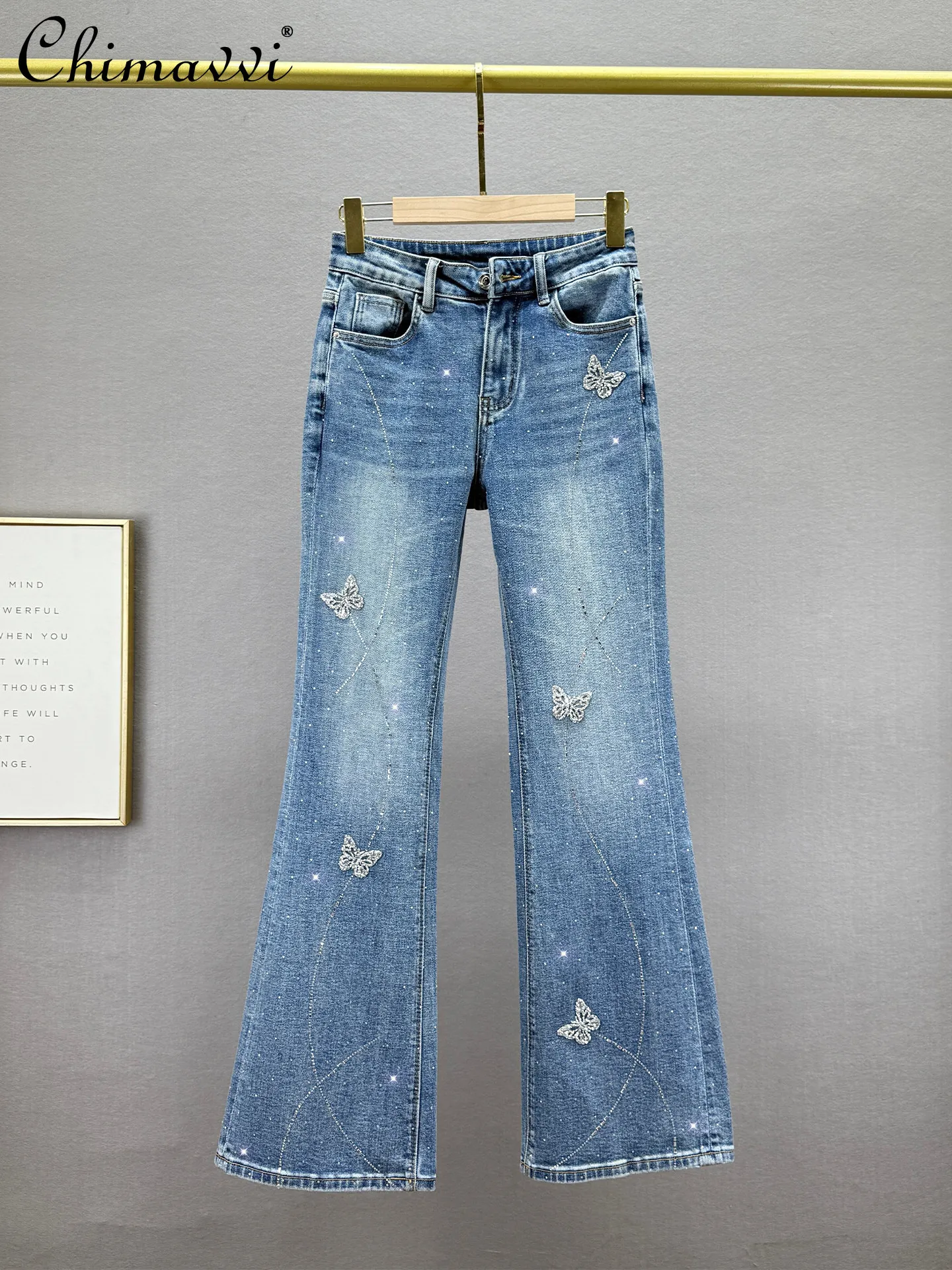 European Style Rhinestone Jeans Women Long Pants 2026 Spring Clothes New Fashion High Waist Slim Fit Vintage Flared Pants