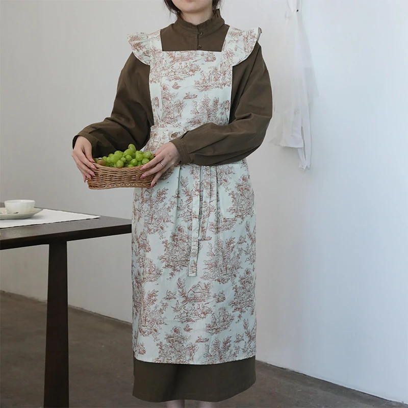 

Long Retro Printed Cotton Ruffled Kitchen Apron with Pockets Summer Pleated Women's Cross-back Apron Water-resistant Pinafore