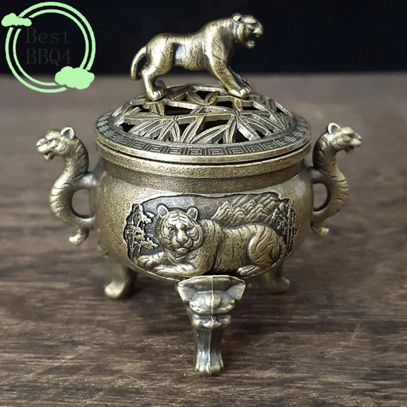 (BBQ4)Tiger Incense Burner Metal Small Incense Burner Ornaments With Handle Yoga Meditation Home Decoration Ancient Style