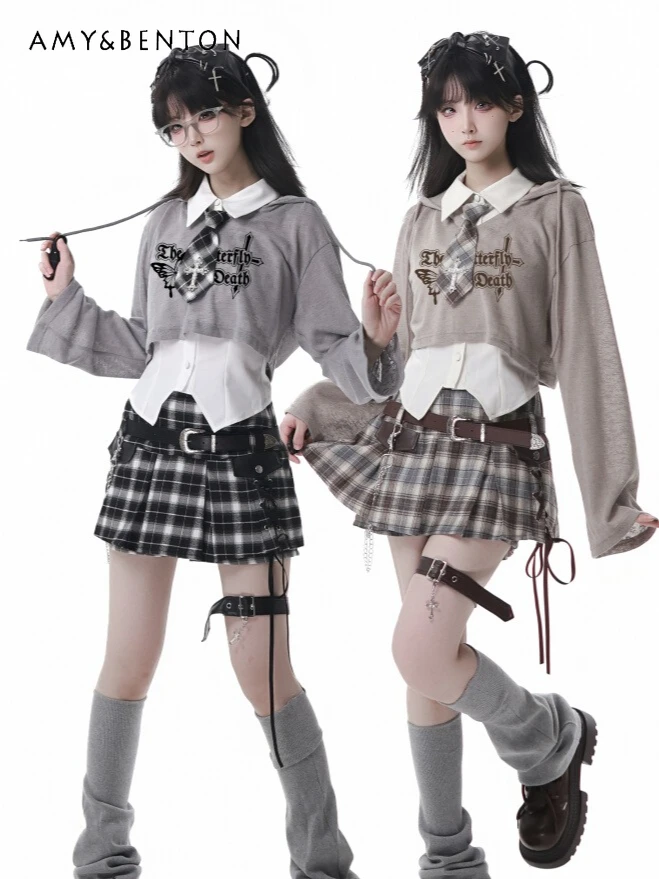 

American Retro Y2K Summer Skirt Sets Women Sweet Cool Hooded Short Long-sleeved Jacket Shirt Mini Plaid Skirt Three-piece Set
