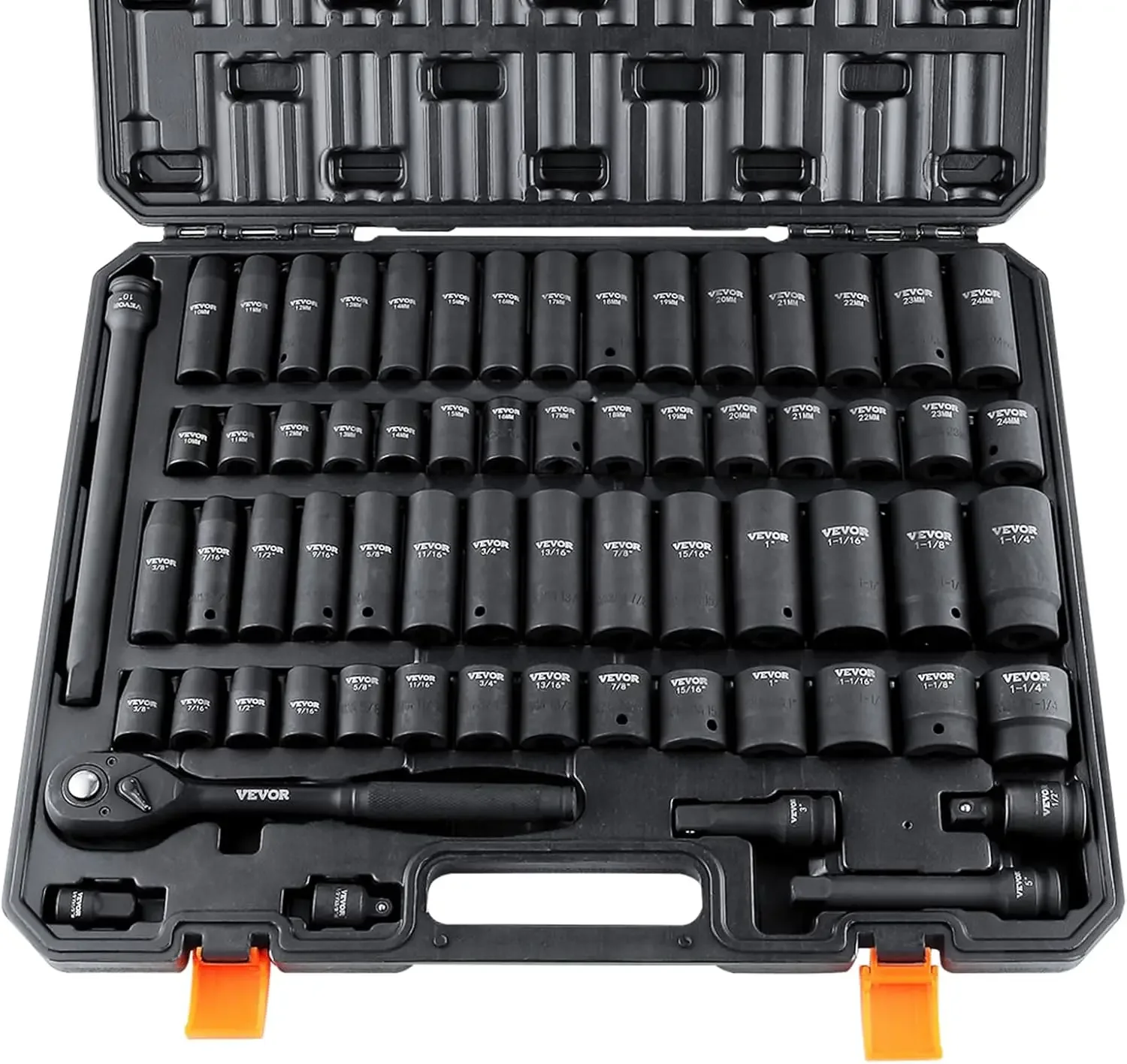 

1/2" Drive Impact Socket Set,65 Piece Socket Set SAE 3/8" to 1-1/4" and Metric 10-24mm, 6 Point Cr-V Alloy Steel for Auto Repair