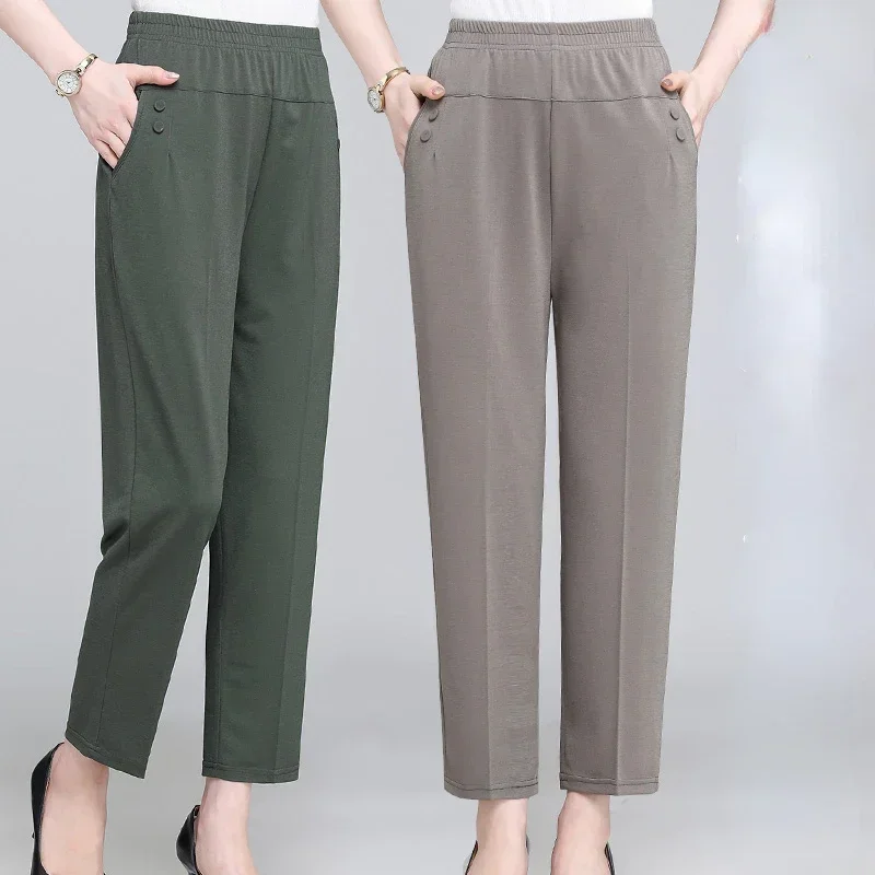 2022 Middle Aged and Old Women Spring Summer Pant Thin Elastic Waist Loose Cotton Mother Long Casual Trousers Plus Size M-3XL