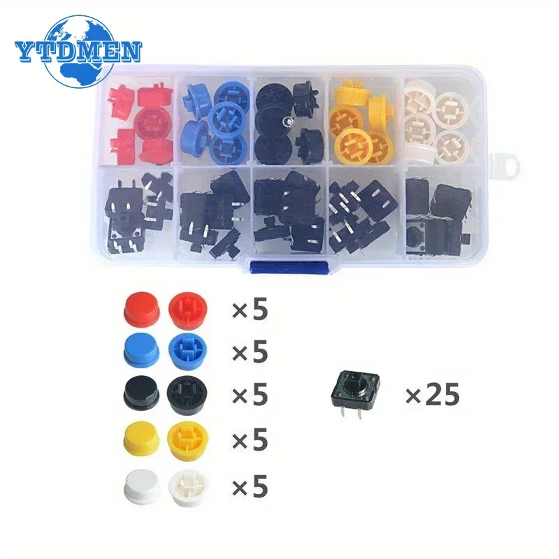 25 Sets Tactile Push Button Switch Momentary 12*12*7.3MM Micro Switch Button Circular Cap Kit (5 Colors) for Arduino Switchs