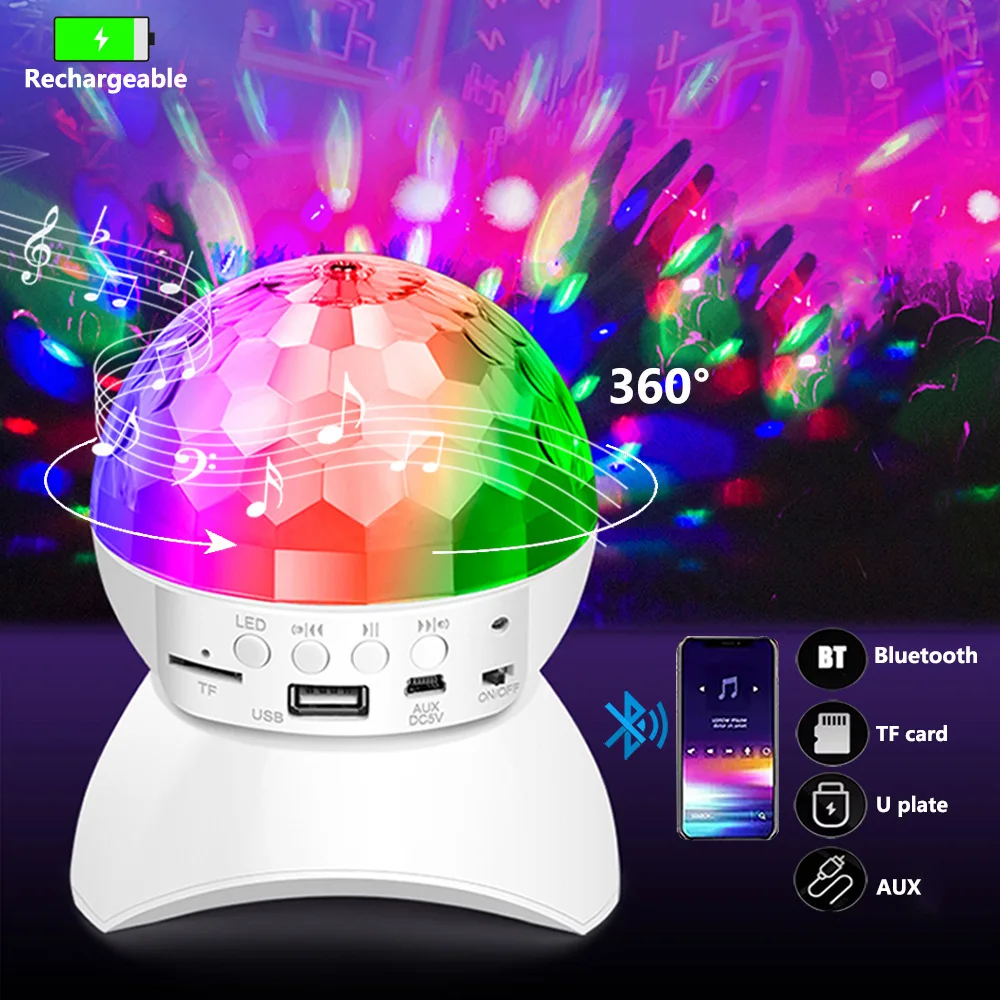 Música sem fio Bluetooth Rotating Stage Light, RGB Strobe Laser Projector, DJ Speakers, Disco Ball, Recarregável Party