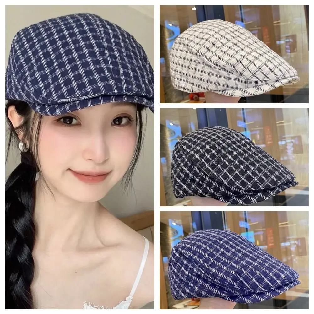 

Vintage Forward Cap Plaid Berets Y2k Thin Newsboy Caps Flat Face Slimming Painter Hat Ladies