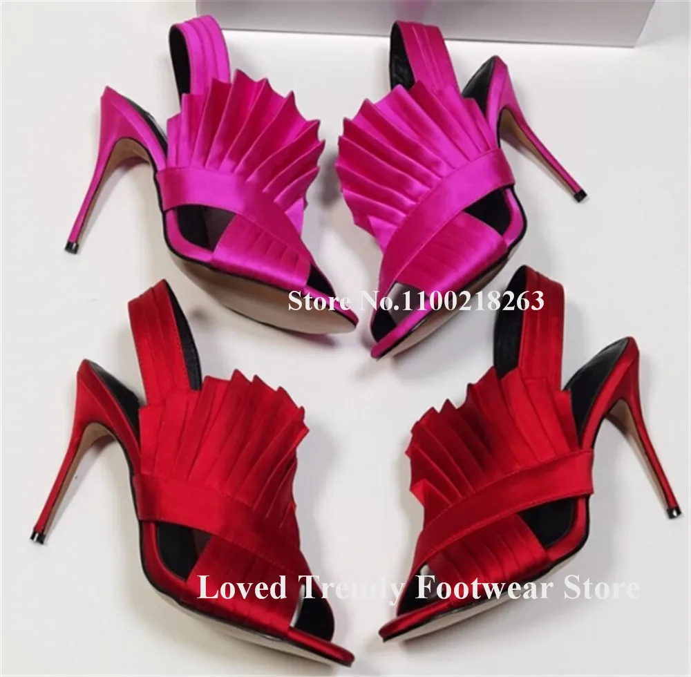 Women Elegant Pink Purple Gold Red Satin Ruffles Stiletto Heel Sandals Open Toe Fringes Straps Thin Heel Party Heels - view 5