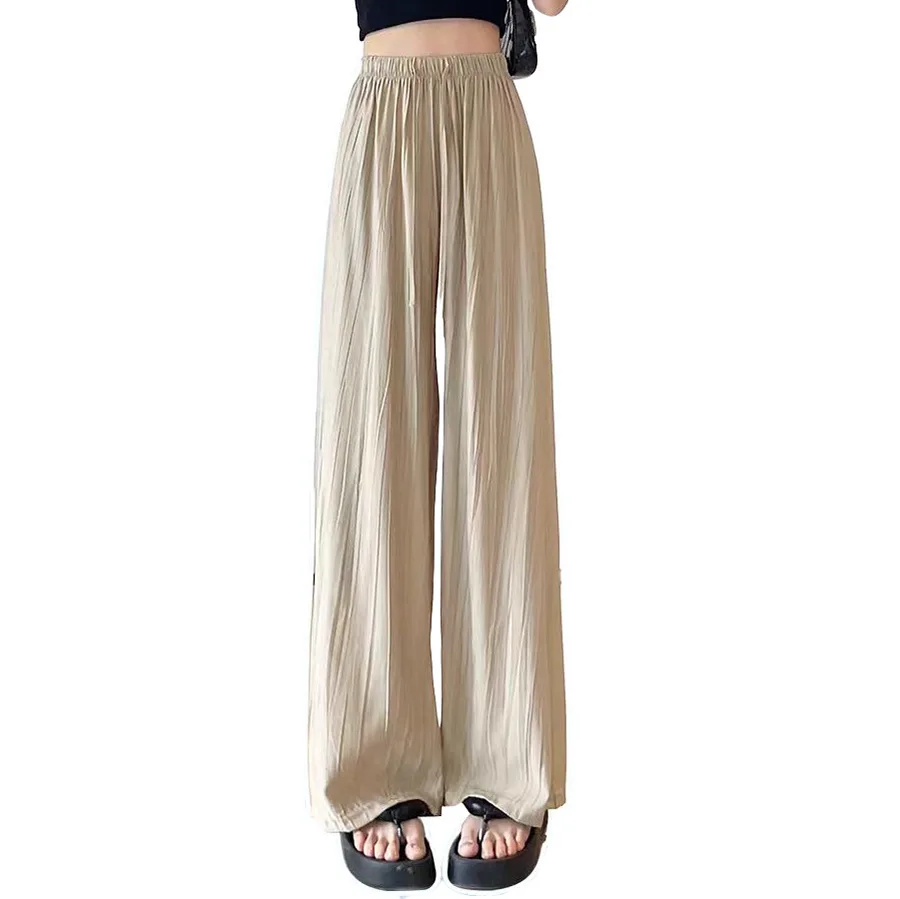 Women's Trousers Summer Thin Ice Silk High Waist Wide Leg Long Pants Loose Style Solid Color Casual Comfort Versatile 2024