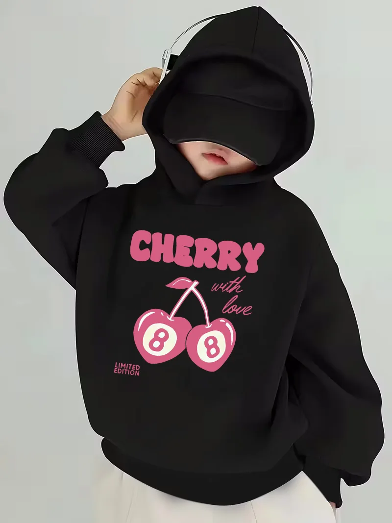 حلو ورائع باللونين الأسود والوردي! رقم الكرز 8: سويت شيرت بقلنسوة باللون الأسود للفتيات من Cherry #1