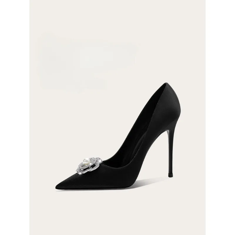 

Elegant Black Silk Satin High Heels with Pearl Flower Rhinestone for Party