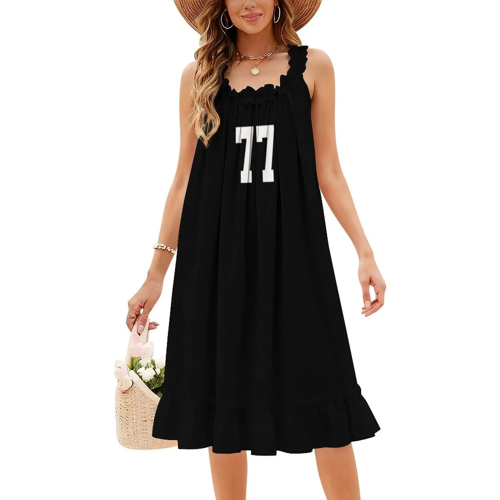 77 سبعة وسبعة فستان بوهيمي أبيض بدون أكمام متعدد الطباعات لحفلات عطلة الشاطئ وأرقام خط الجامعة