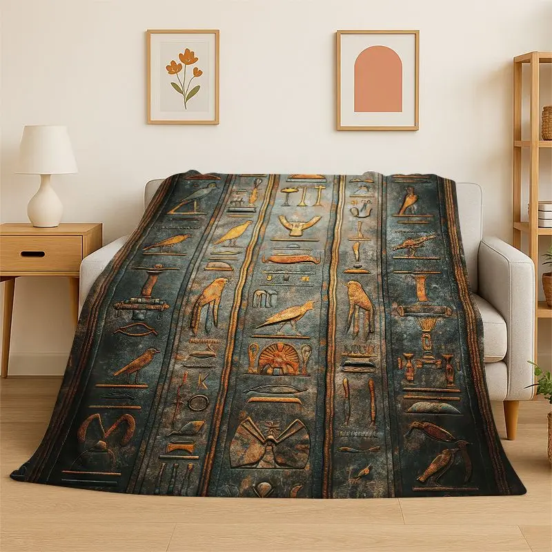 Retro Egyptian Mural Hieroglyphics Symbol Flannel Blanket Soft Warm Throw Blanket for Bedroom Living Room Bed Travel Picnic Gift