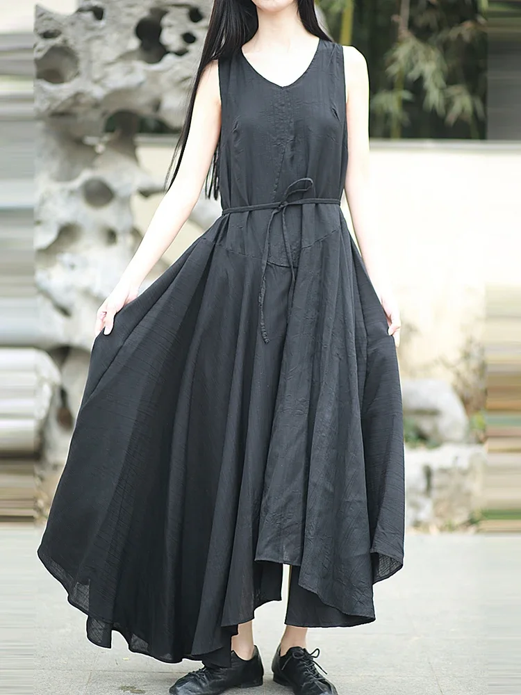 Women Casual A-line Dress New Arrival 2025 Summer Vintage Style V-neck Plain Color Loose Female Holiday Long Dresses