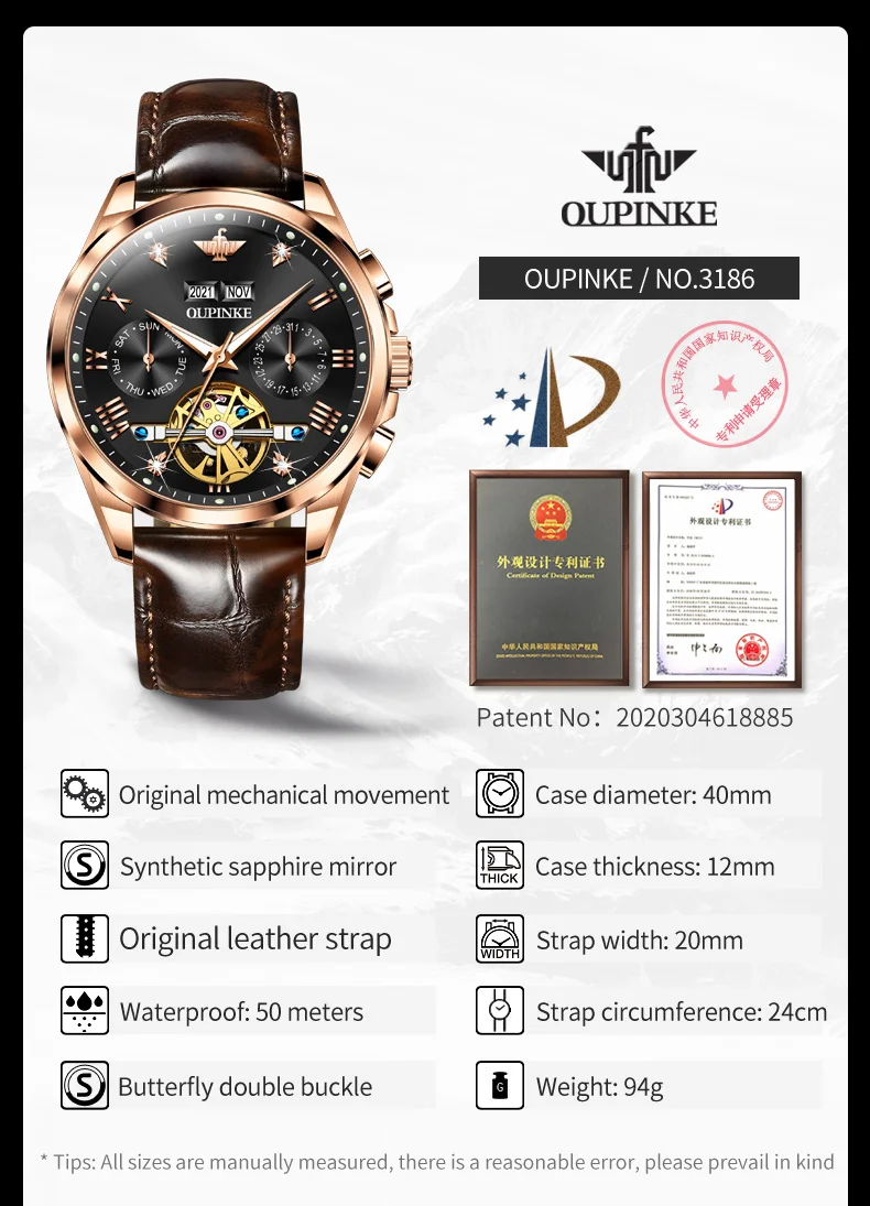 OUPINKE Leather Strap Mechanical Men\'s Watches Hollow Tourbillon Design Waterproof Original TOP Brand Wristwatch Man Dress