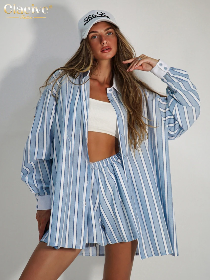 

Clacive Fashion Loose Stripe Print 2 Piece Set Women Outfit 2024 Elegant Long Sleeve Shirt With High Waist Shorts Set Streetwear