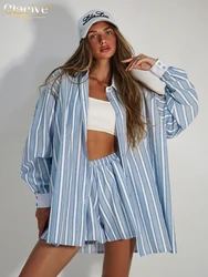 Clacive Fashion Loose Stripe Print 2 Piece Set Women Outfit 2024 Elegant Long Sleeve Shirt With High Waist Shorts Set Streetwear