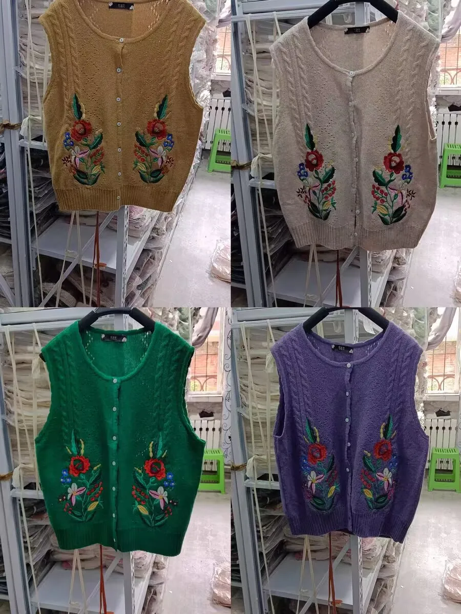 

Женский осенне-зимний вязаный свитер с цветочной вышивкой, жилет в винтажном стиле в стиле ретро, шикарный жилет Mori Girl, сладкий потертый жилет Cottagecore