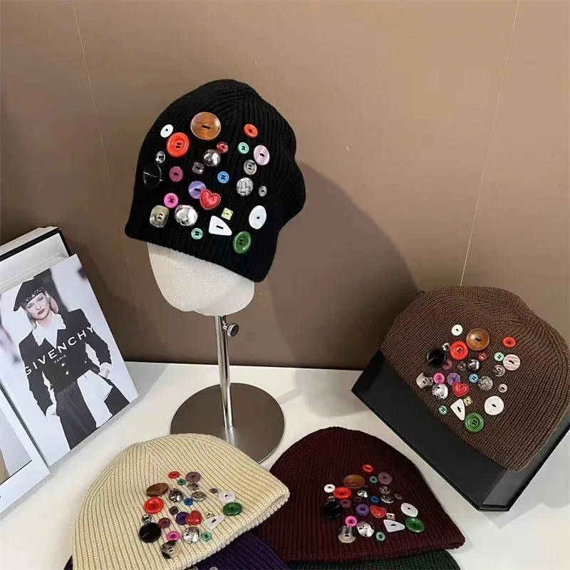 

Korean Designer Colorful Button Beanies Wool Hat Women's Autumn Winter Trendy Street Knitted Hat Personality Cold Cap
