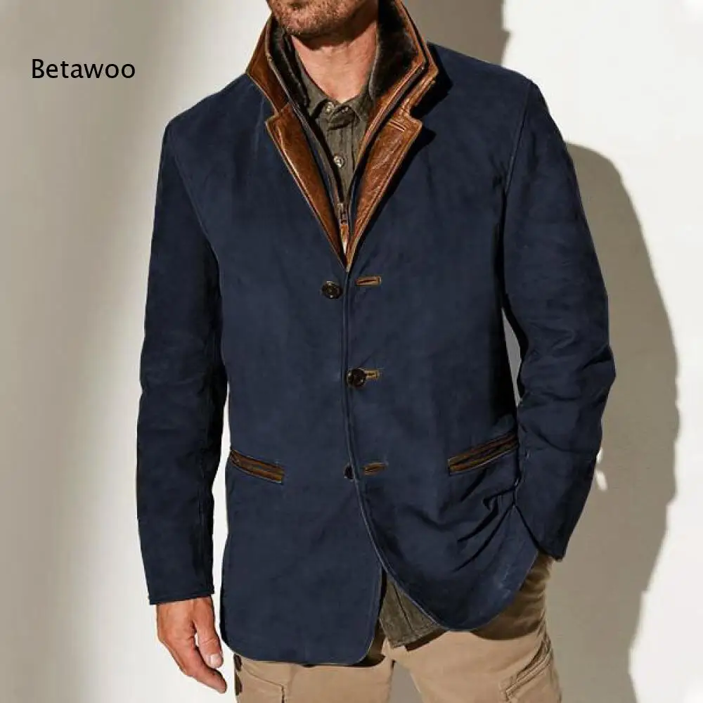 Men Notched Collar Blazer Jacket Button Front Contrast Leather Trim Long Sleeve Casual Outer Coat For Business Daily Occasions