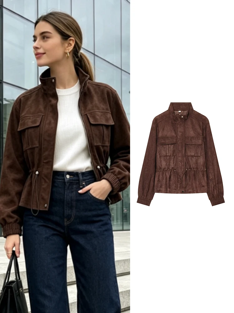 New Women's Stand Collar Cargo Suede Jacket Fashion Drawstring Waist Design Pockets Casual Coat Spring Autumn Chic Lady Outfit