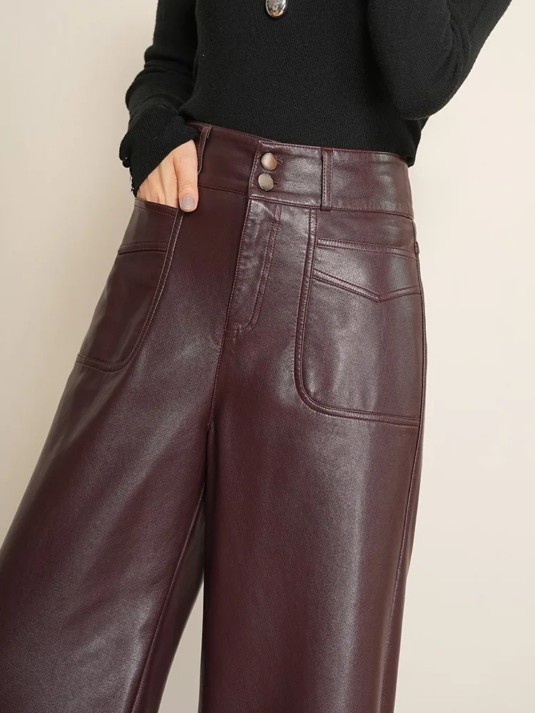 ZUZK High Quality Women PU Leather Wed Leg Long Pants  Autumn Winter Fashion Warm Long Leather Pants Elegant LeatherTrousers