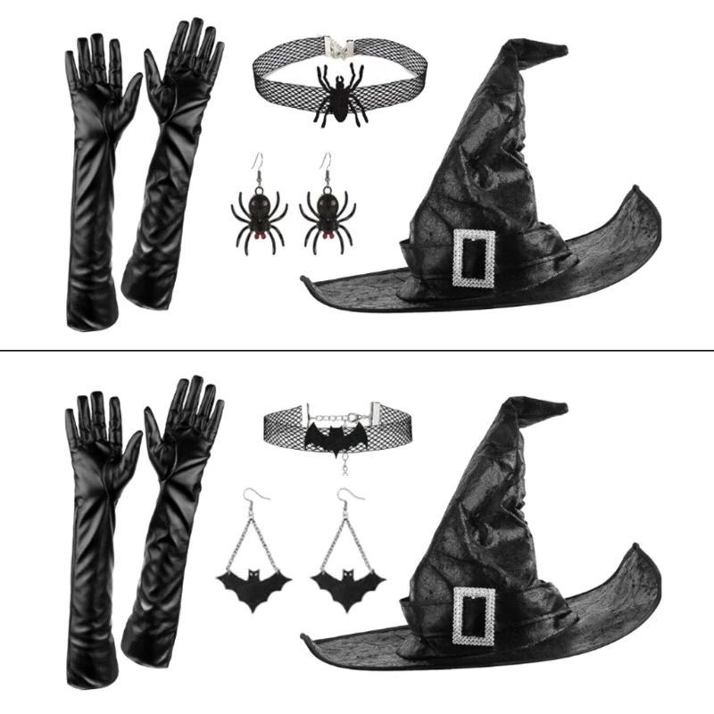 Women Witch Costume Ruched Wizard Hat Earrings Long Gloves Choker Halloween Cloche Hat Adults Holiday Cosplay Party Suit