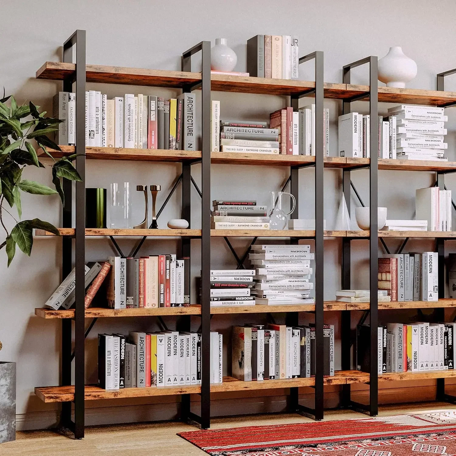 Industrial Bookshelf and Bookcase Double Wide 5 Tier, Large Open Shelves, Wood and Metal Bookshelves for Home Office Furn