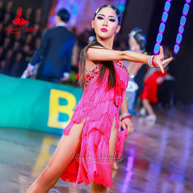 Adult Sexy High Split Latin Dance Sling Tassels Dresses Teenagers Samba Contest Clothing Size Can Be Customize Dancer's Vitality