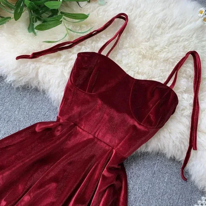 Women's Mini Party Dress French Retro Black Red Sling Velvet Dress New  Waist Female Sexy Short Dresses HH193 - AliExpress 200000345