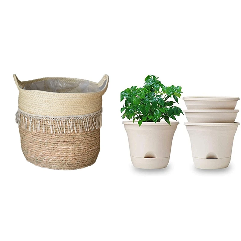 

Woven Seagrass Tummy Basket & 7.5 Inch Automatic Watering Flower Pot With Tray(Milky)