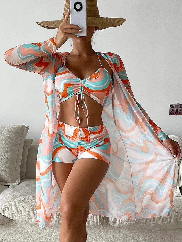 2023 Bandage High Waist Bikini Set Cover Up Swimsuit For Women Push Up Long Sleeve Three Pieces Swimwear Beach Bathing Suits