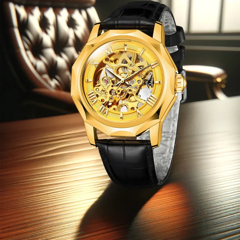 

New men's watch with casual style, high-end fashion design, novel and handsome double-sided hollow mechanical men's watch