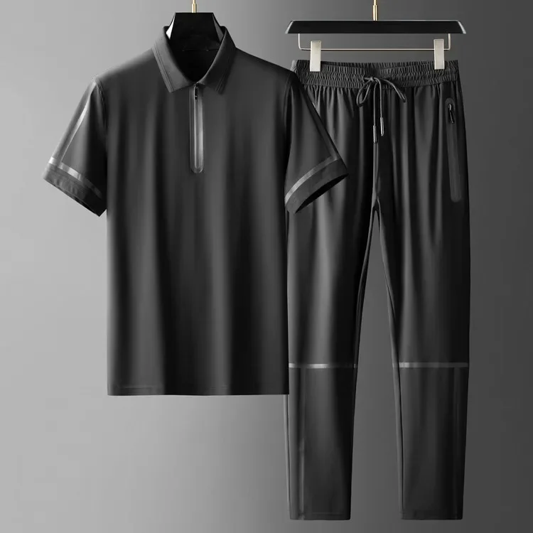 New Summer Silky Mens Sets (t-shirt+pants) Luxury Short Sleeve Thin Casual Male Sets Fashion Slim Fit Elastic Waist Man Suits