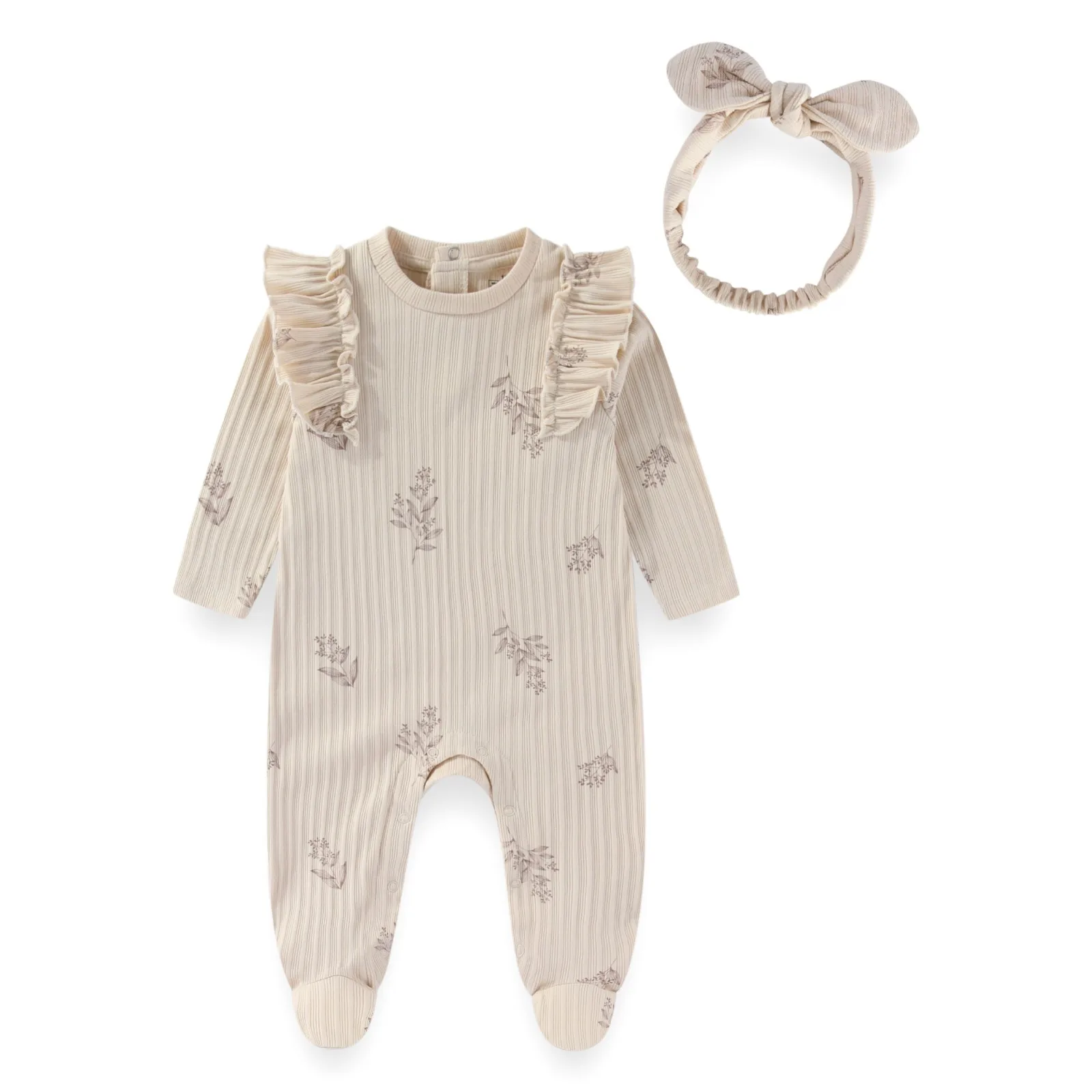 

Baby Girl Romper Hairband Set Cute Newborn Long Sleeve Jumpsuit with Footed 0-12 Months Old Comfortable Soft Clothing Ensemble