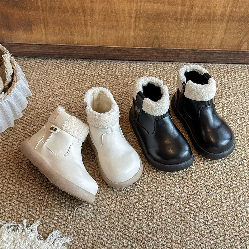 Girls PU Leather Winter Ankle Boots, Sherpa Cuff Bow Decor Fuzzy‑Lined Side Zipper Warm Non‑slip Boots