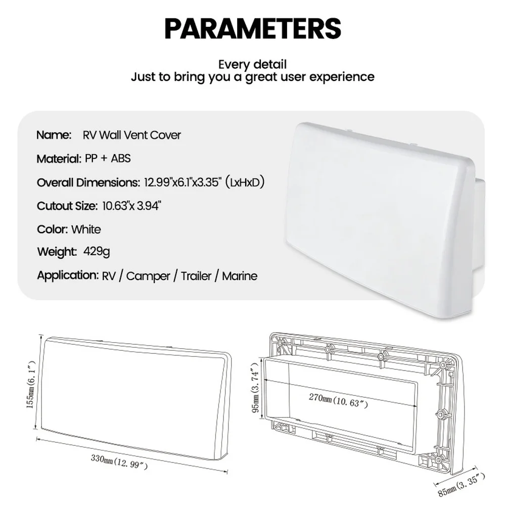 RV Side Wall Vent Cover Shell Featuring Low Profile Aerodynamic Design to Minimize Wind Load and Turbulence Effects