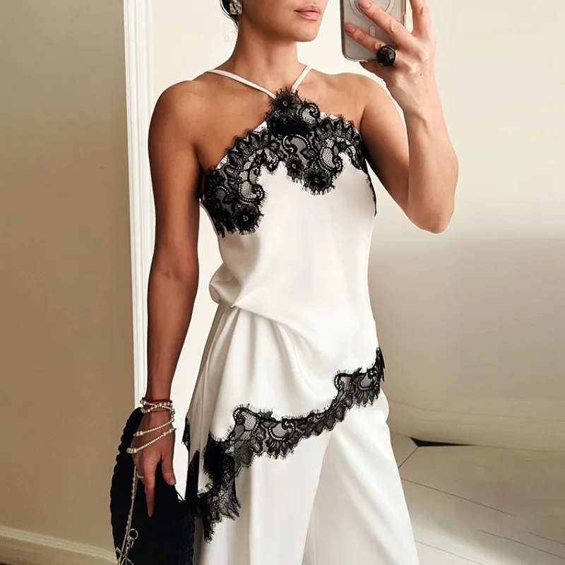 

Tsiisd Summer Sexy Lace Tank Top Female Patchwork Fashion Irregular Elegant Party Streetwear Y2k Top Print Women's Camisole Tee