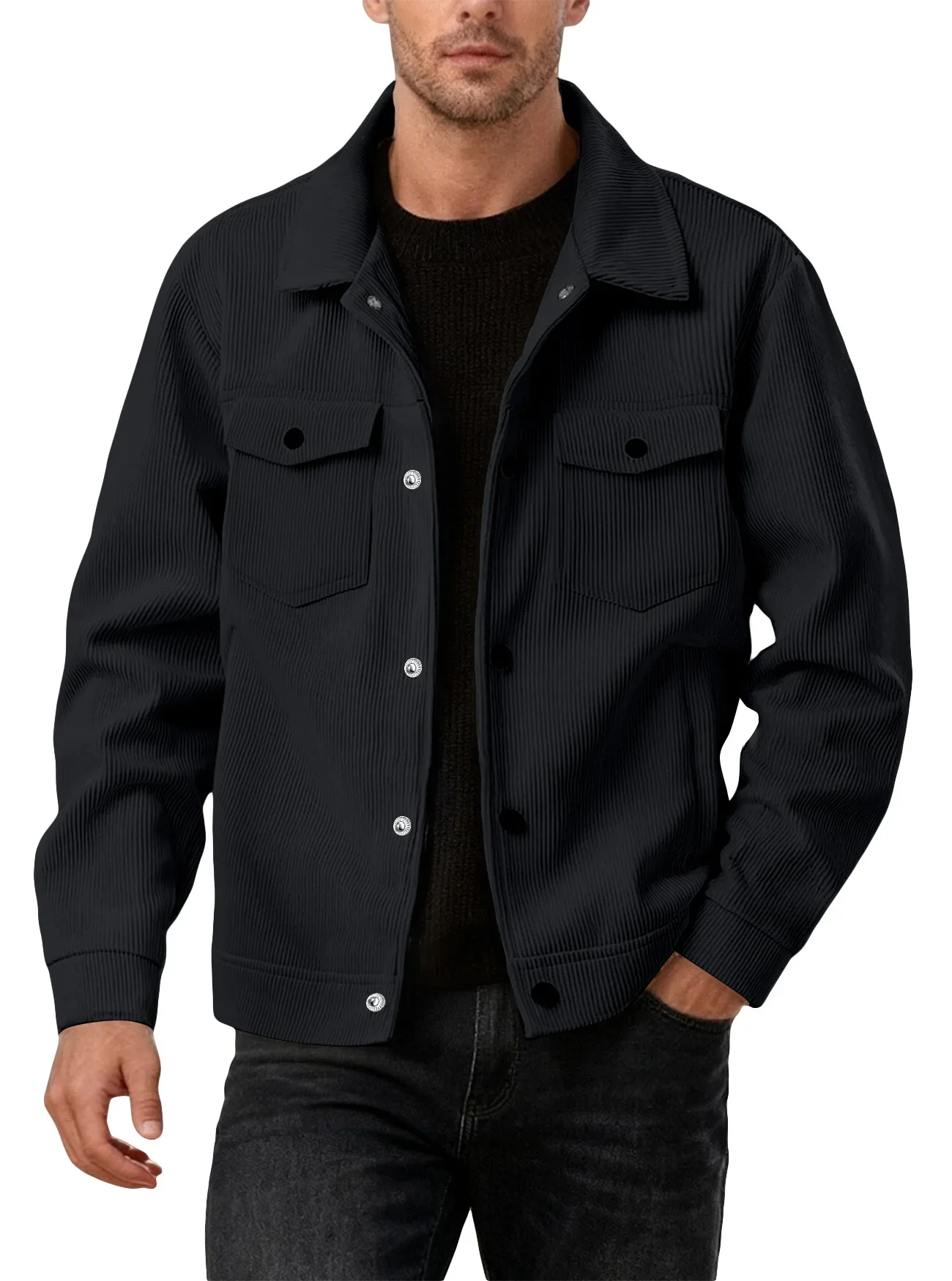 Lapel Collar Corduroy Jacket Button‑Front Long Sleeve Outerwear with Flap Pockets Loose Fashion Coat for Work Weekend Daily Use
