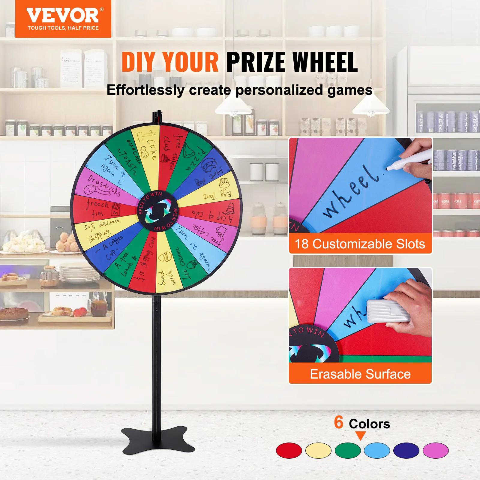 VEVOR 18/24/36 inch Spinning Prize Wheel 14 Slots Spinning Wheel Tabletop or Floor Standing Win Fortune Spin Games in Party Pub