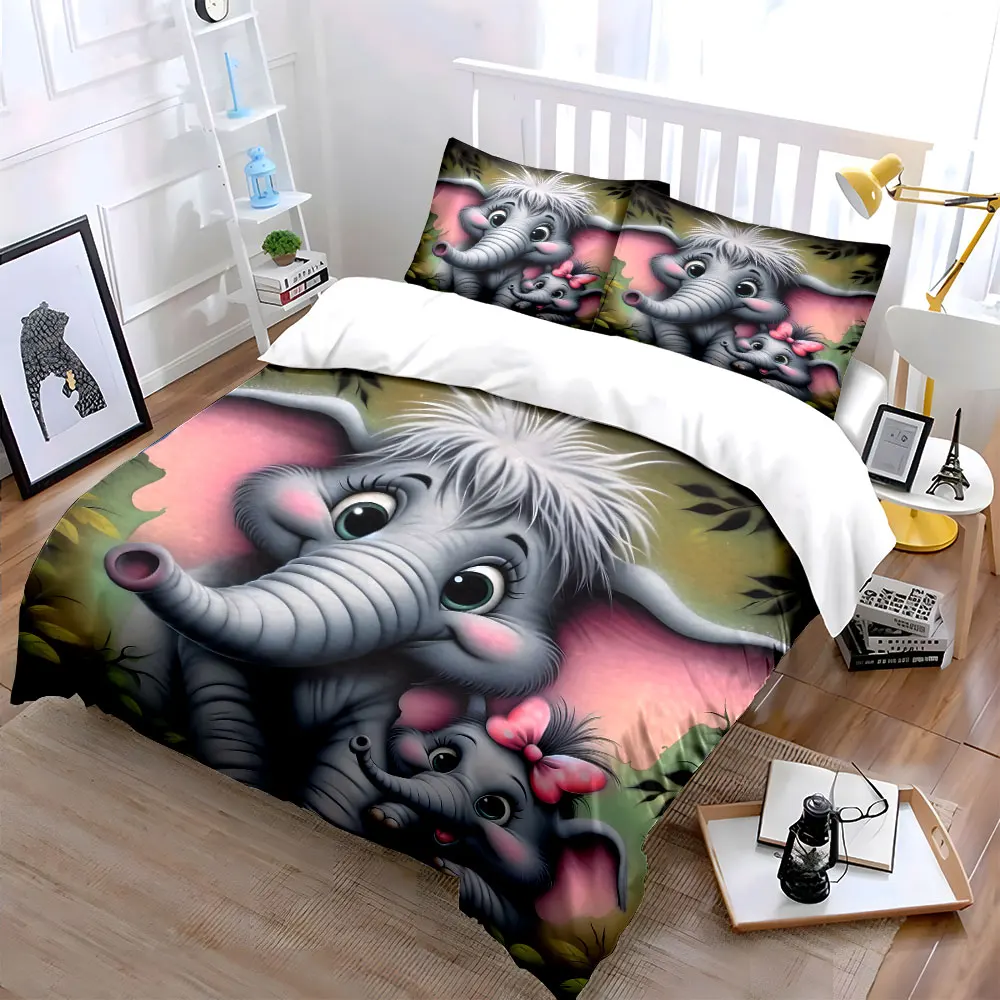 Cute cartoon of mother and baby elephants Printed Duvet Cover Set1 Duvet Cover+2 PillowcaseMulti Size Bedroom Bedding Decor