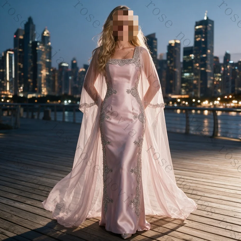 Customized Pink Satin Mermaid Ball Gown 2026 Square Neck Chiffon Cloak Long Sleeves Muslim Formal Dresses Suitable for Banquet