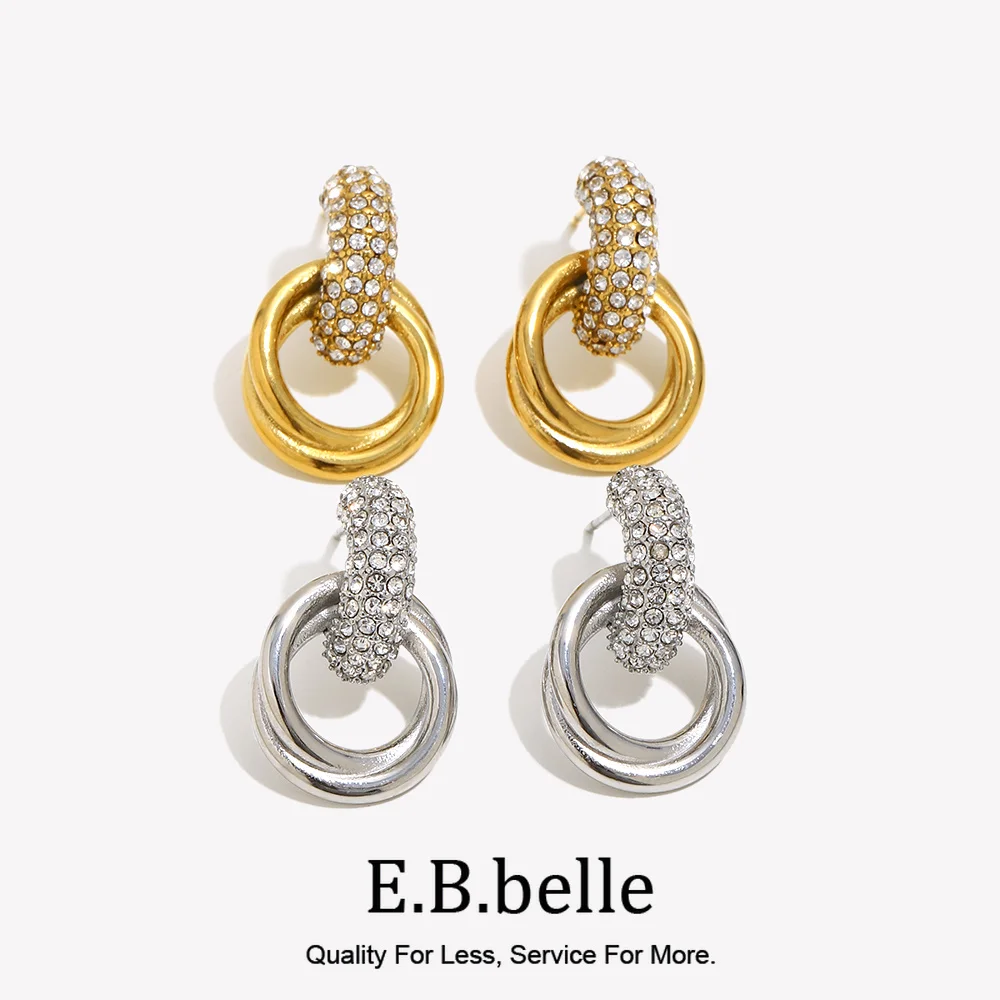 E.B. belle White Zircon Double Ring Stud Earring Basic Stainless Steel Jewelry For Women Girls Party Daily Life Waterproof