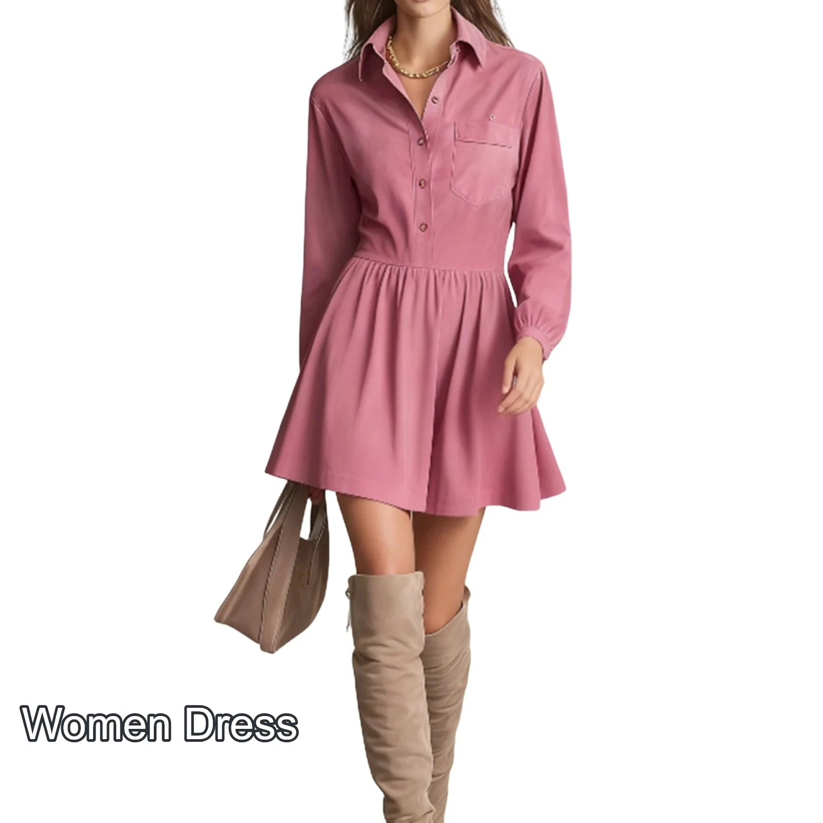 Lady Business Style Dress Fashion Solid Color Long Sleeve Dress Single Breasted Long Sleeve Elegant Temperament Lapel Dress