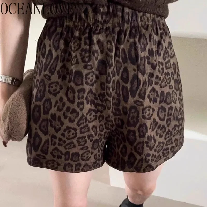 OCEANLOVE Leopard Shorts Mujer Vintage a vita alta autunno inverno coreano moda donna pantaloni Y2k a-line Pantalones Cortos