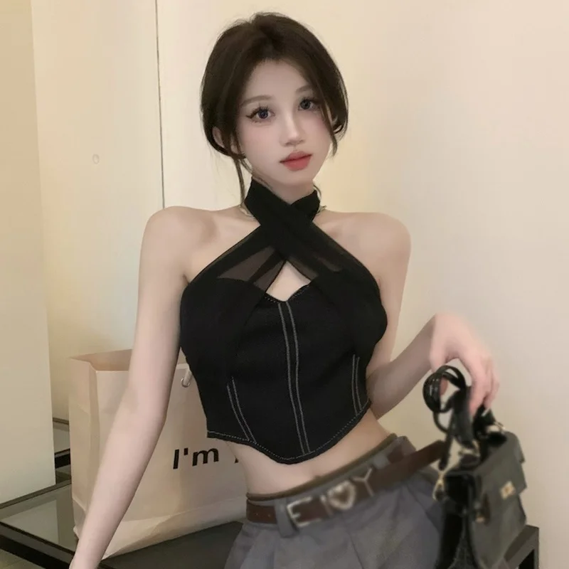 Women's Top Halterneck Vest Off Shoulder Sexy Crossover Design Korean Crop Top Elegant Spicey Girls Spring Summer