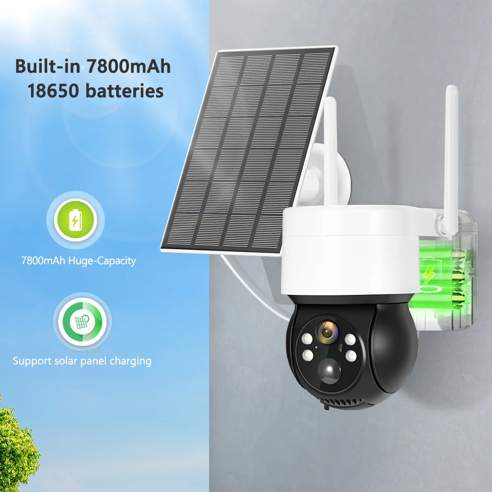 4MP 2K Wireless Wifi Surveillance Camera With Solar Panel Outdoor PTZ Camera Built-in 7800mAh Recharge Battery 180 Days Standby
