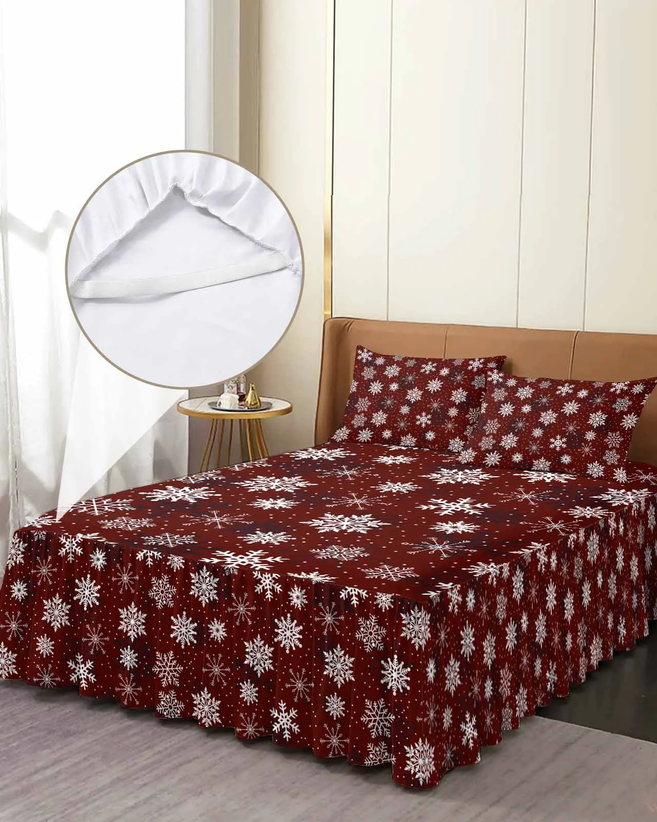 

Snowflake Christmas Winter Skirt Elastic Fitted Bedspread With Pillowcases Mattress Cover Bedding Set Bed Sheet