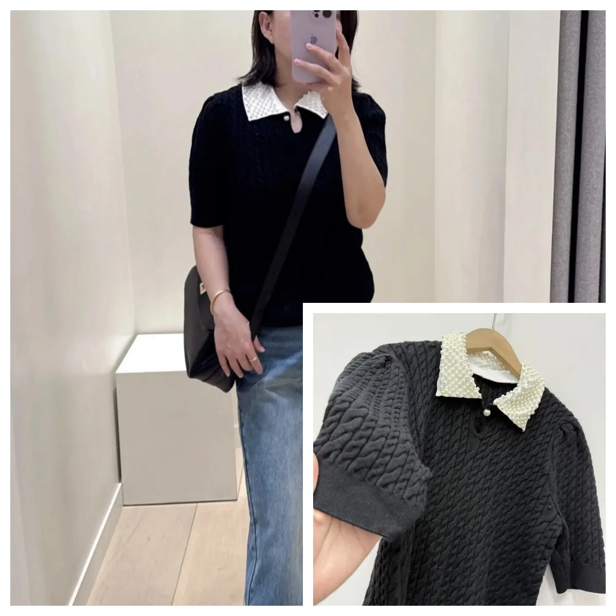 

Women Knit Short Sleeve Sweater Tee Tops 2026 Early Spring Female Nail Pearl Small Lapel Hollow Out Pullover