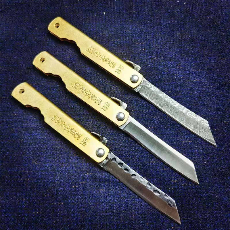 EDC 2024 Portable Fishing Outdoor Tools Damascus Mini  Self Defense Tactical Copper Handle Manual Folding Knife