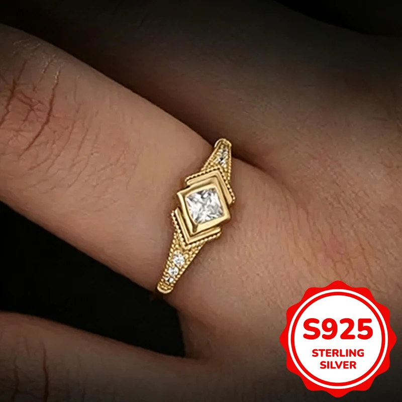 Genuine S925 Sterling Silver 14K Gold Art Deco Princess Cut Zircon Ring Multi-layer Square Beaded  Luxury Women Wedding Ring