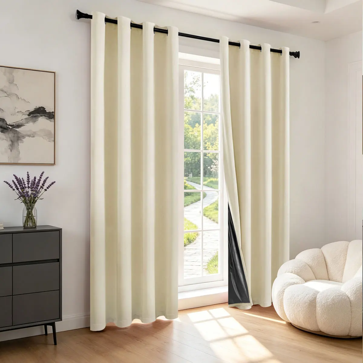 2pcs Cream Beige 100% Light Blocking Grommet Curtain Panels, Calm Japanese Neutral Minimalist Style, UV Protection Weighted Hem